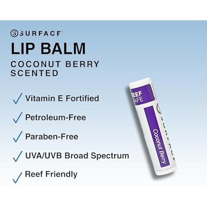 surface sun systems SURFACE SPF 30 SUNSCREEN LIP BALM, BROAD SPECTRUM SPF LIP SUNSCREEN FOR DRY CRACKED LIPS, MOISTURIZING CHAPSTICK FOR OUTDOOR USE, WATER RESISTANT LIP PROTECTION FOR 80 MINUTES, COCONUT BERRY, 0.15OZ - Image 2